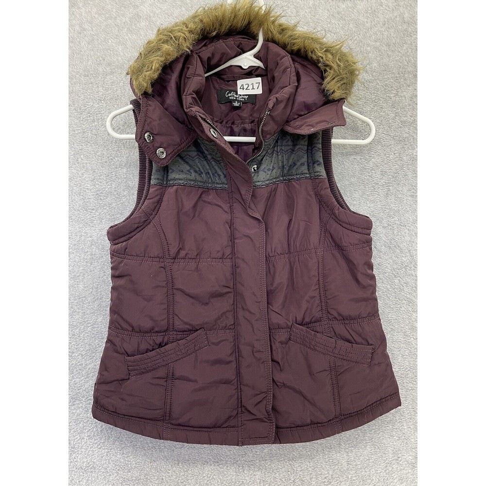 Coffee Shop Women’s Vest Puffy Purple Fur Lined Hoodie Size Small Button Front
